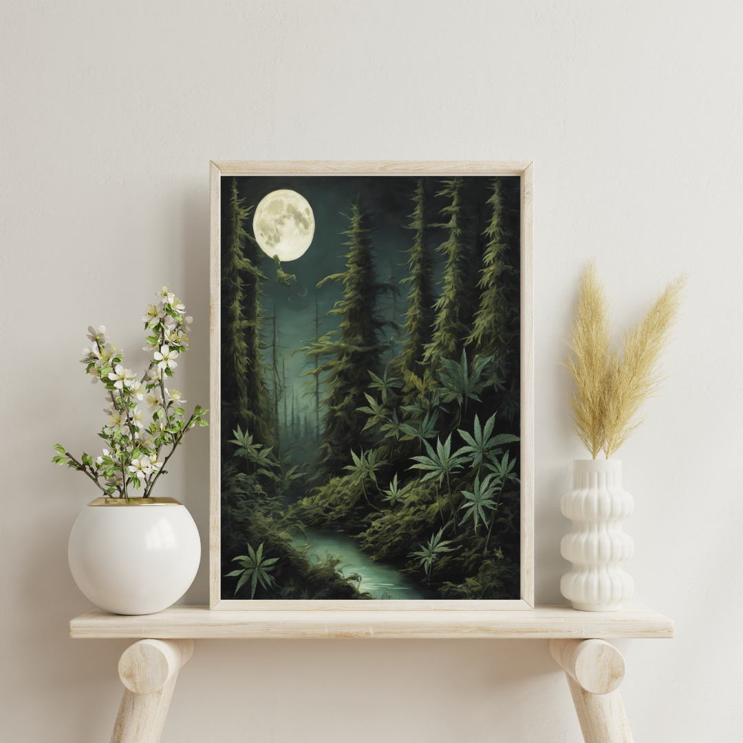 Gothic Cannabis Art | Dark Fantasy Print | Mystical Weed Art | Witchy Stoner Decor | Cannabis Moon Print | Trippy Forest Poster | 420-Friendly