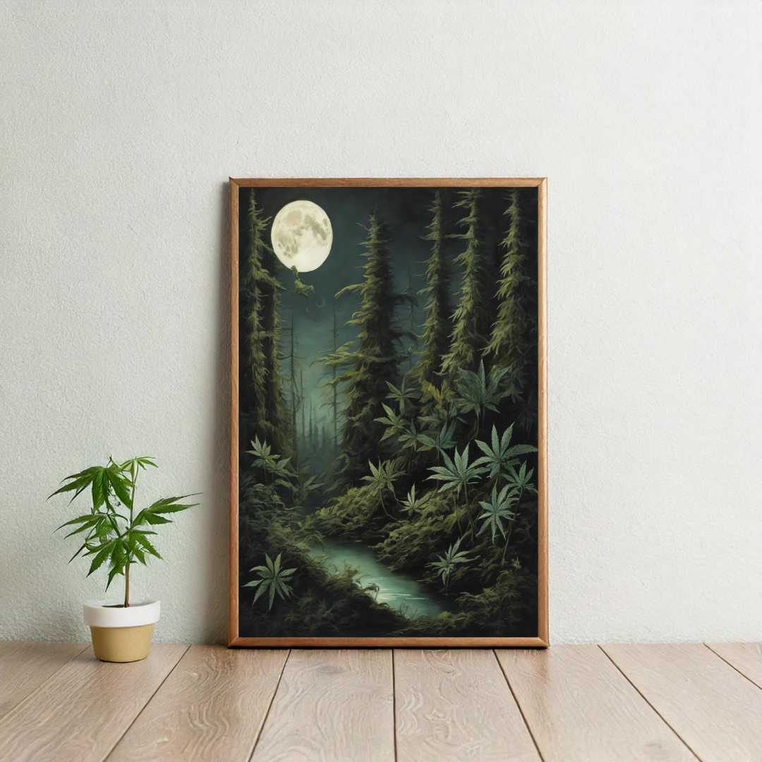 Gothic Cannabis Art | Dark Fantasy Print | Mystical Weed Art | Witchy Stoner Decor | Cannabis Moon Print | Trippy Forest Poster | 420-Friendly