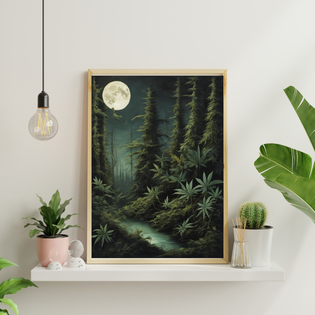 Gothic Cannabis Art | Dark Fantasy Print | Mystical Weed Art | Witchy Stoner Decor | Cannabis Moon Print | Trippy Forest Poster | 420-Friendly