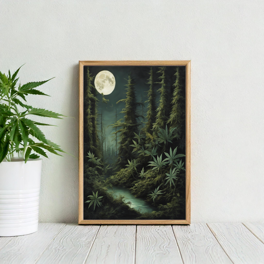 Gothic Cannabis Art | Dark Fantasy Print | Mystical Weed Art | Witchy Stoner Decor | Cannabis Moon Print | Trippy Forest Poster | 420-Friendly