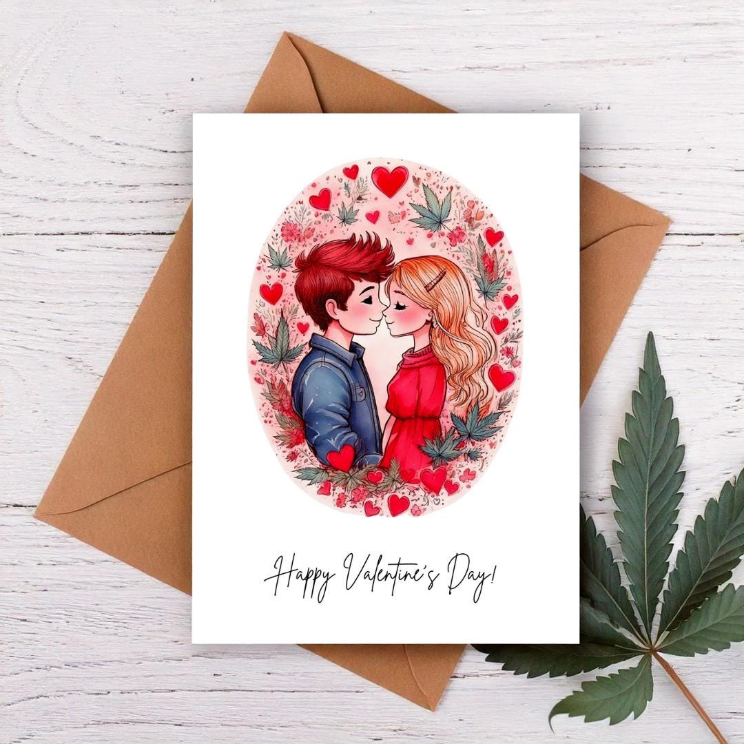 stoner couple surrounded by hearts and cannabis leaves