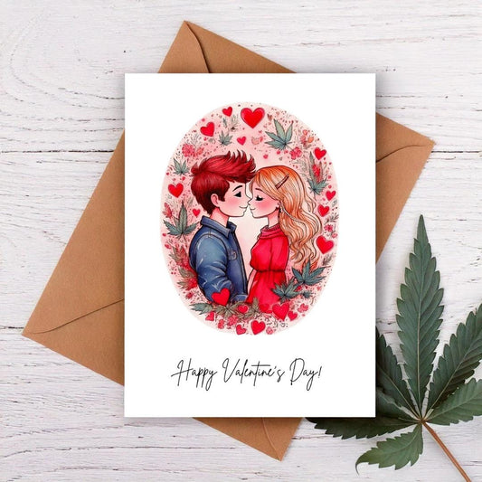 stoner couple surrounded by hearts and cannabis leaves