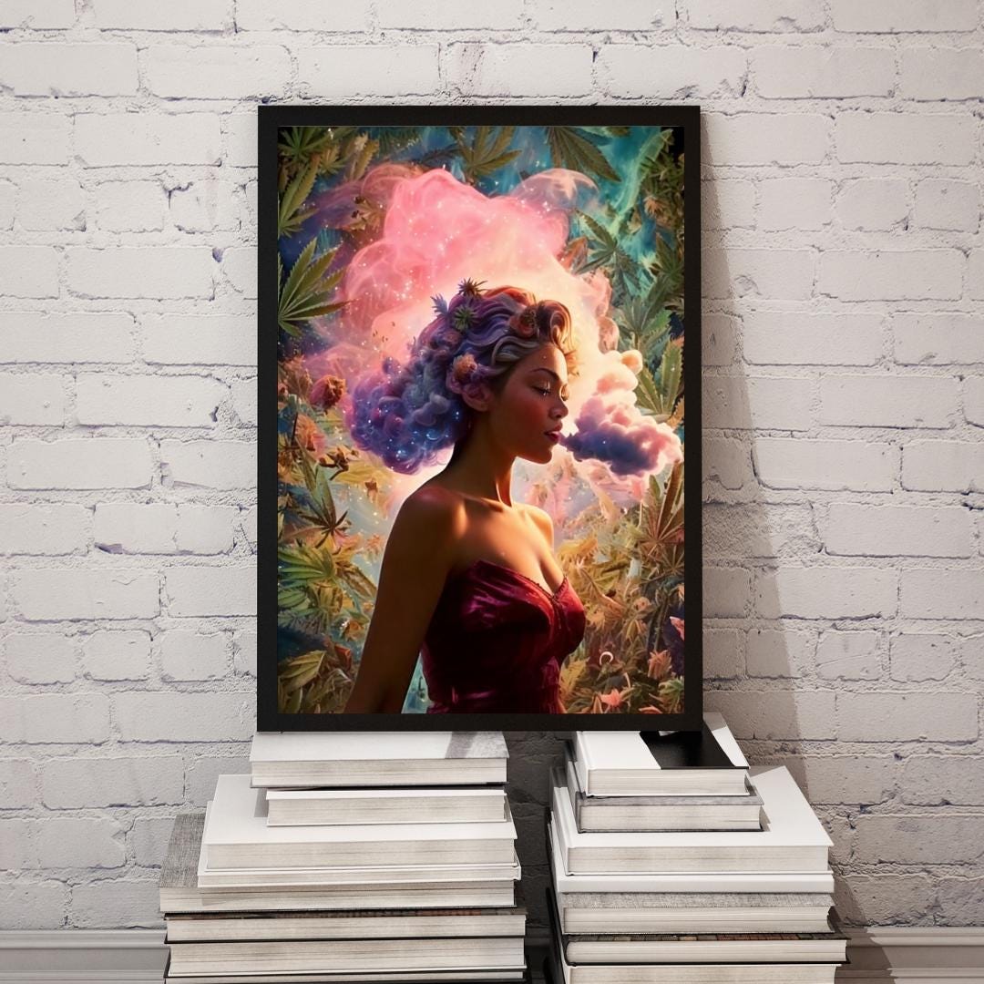 Beautiful woman blowing pink smoke on a cannabis poster