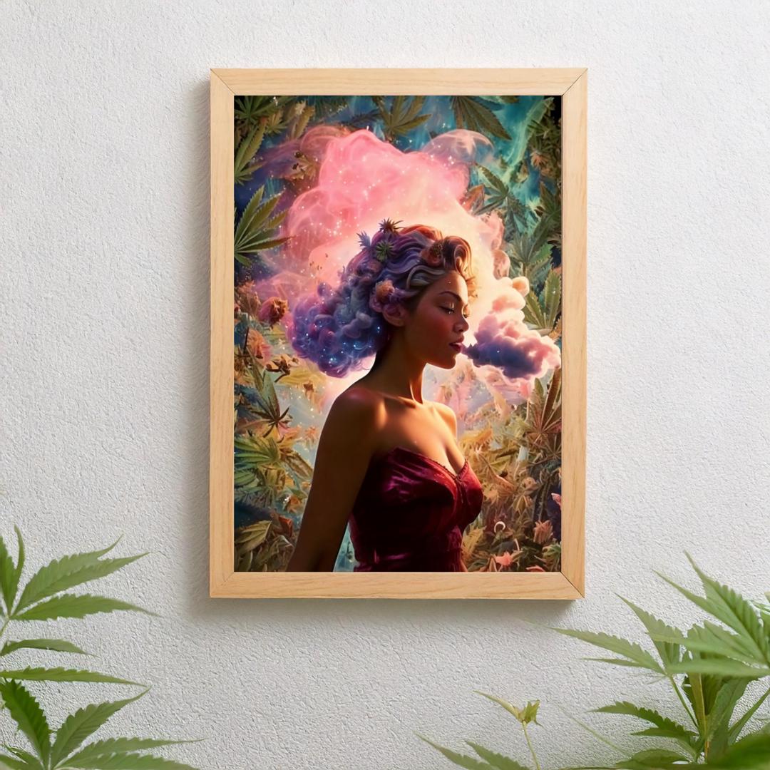 Beautiful woman blowing pink smoke on a cannabis poster