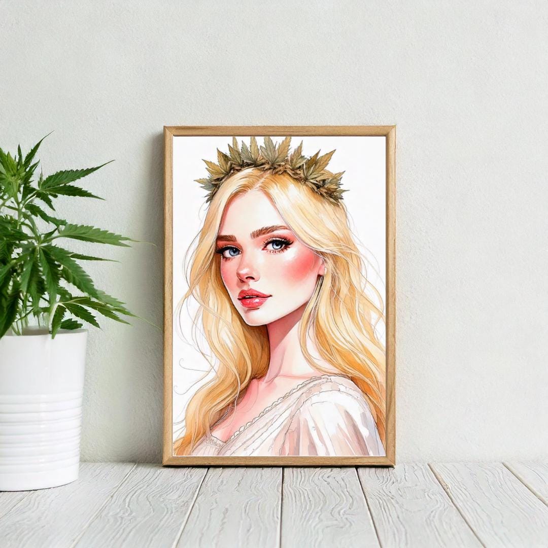 Beautiful blonde woman wearing a cannabis crown