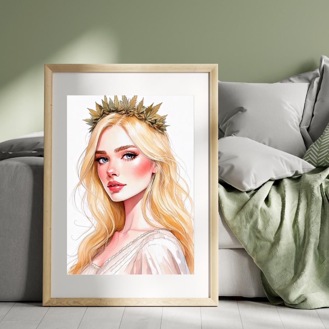 Beautiful blonde woman wearing a cannabis crown