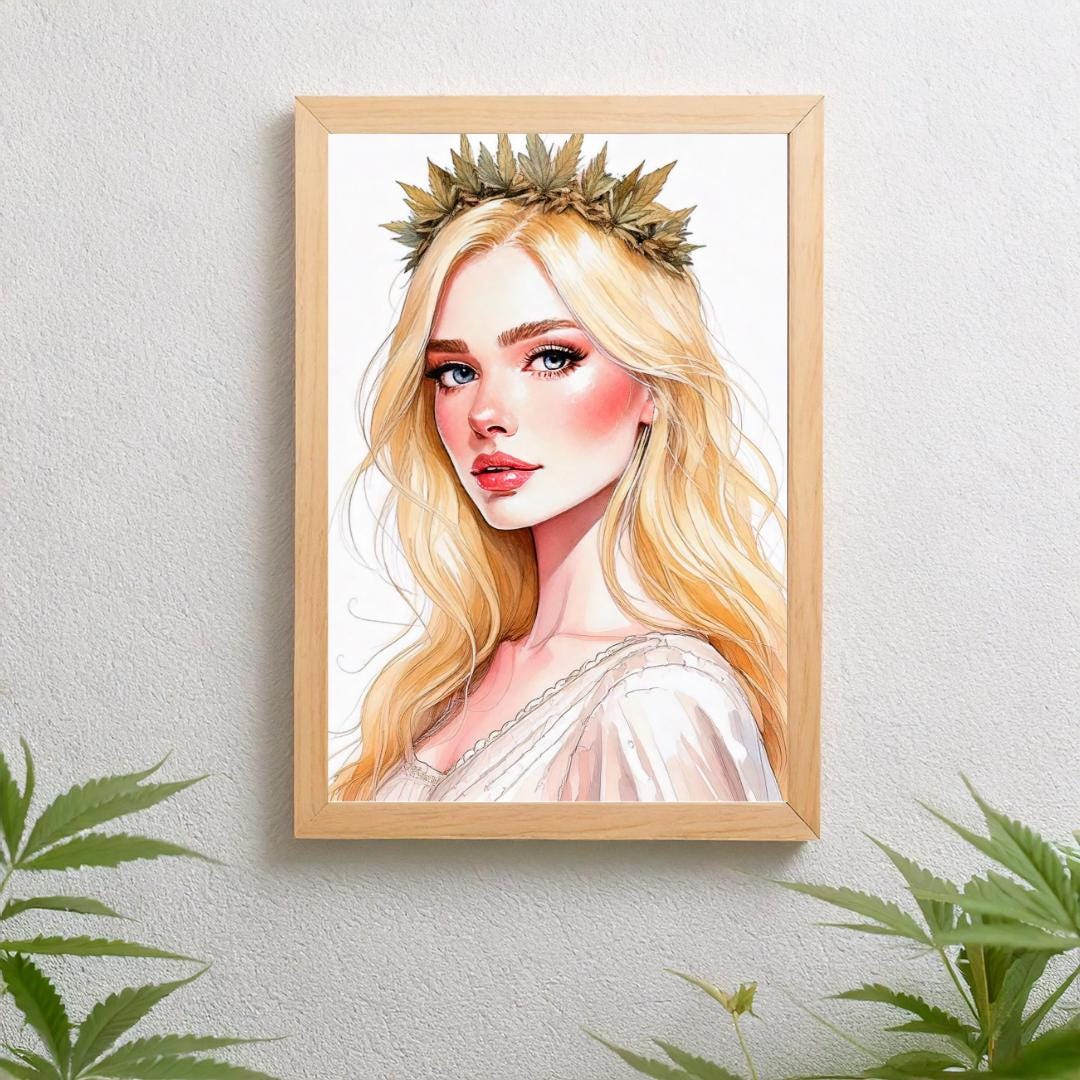 Beautiful blonde woman wearing a cannabis crown