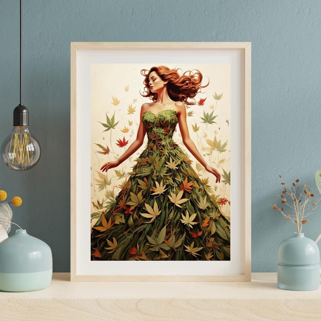 Beautiful woman in a cannabis leaf dress