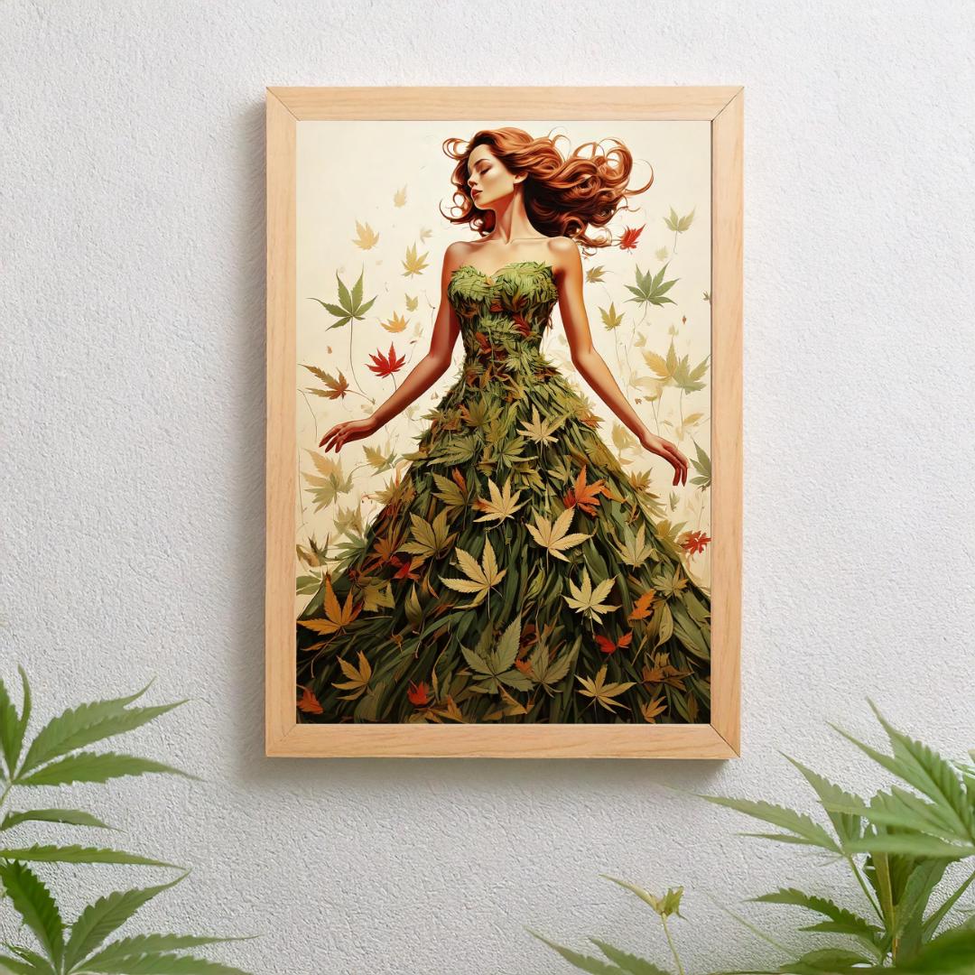 Beautiful woman in a cannabis leaf dress