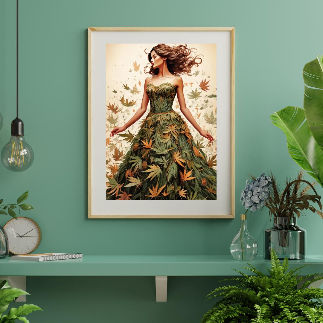 Weed art print with a Beautiful woman in a artful cannabis leaf dress