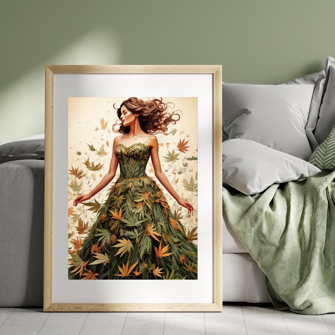 Weed art print with a Beautiful woman in a artful cannabis leaf dress