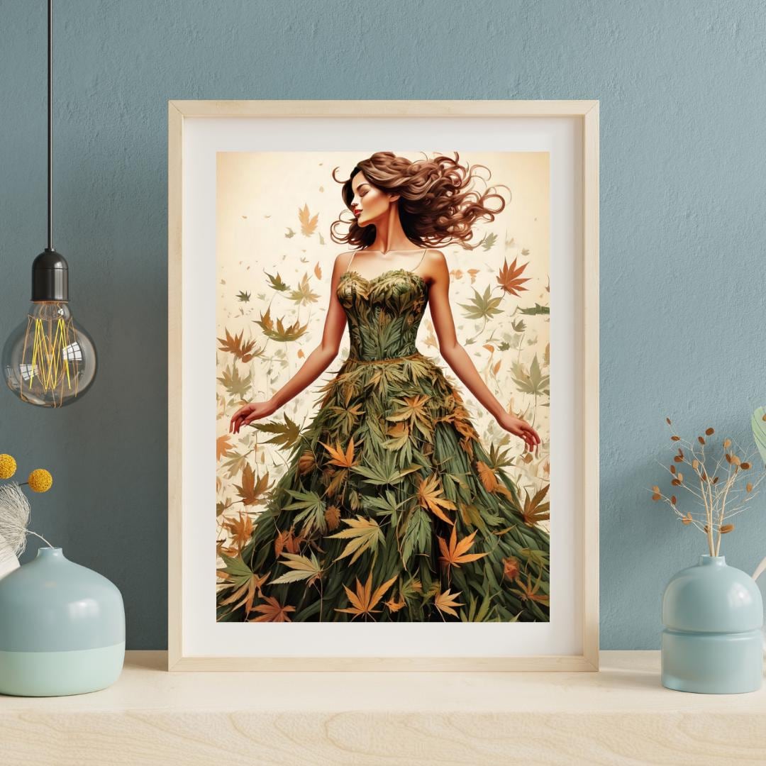 Weed art print with a Beautiful woman in a artful cannabis leaf dress