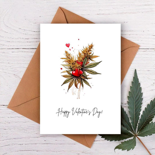 Cannabis buds, leaves and hearts abovehappy valentine&#39;s day message