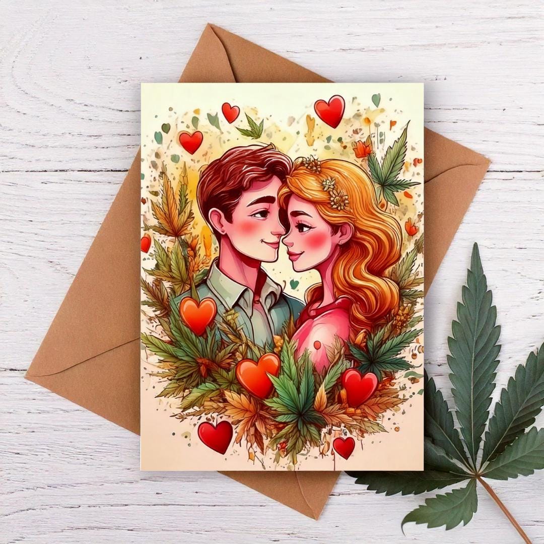 cannabis themed romantic valentine&#39;s day card with a couple in love