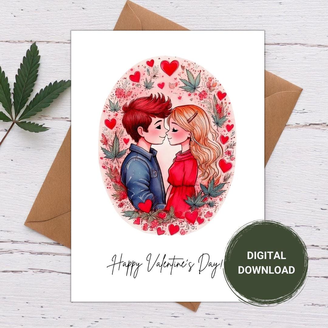 stoner couple surrounded by hearts and cannabis leaves