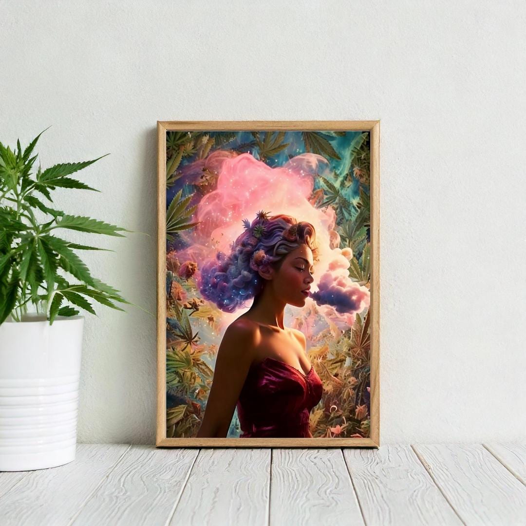 Beautiful woman blowing pink smoke on a cannabis poster