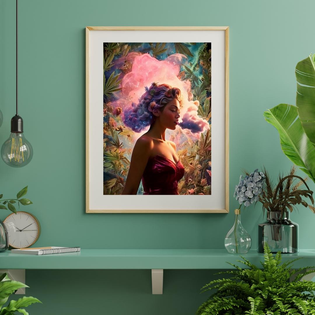 Beautiful woman blowing pink smoke on a cannabis poster