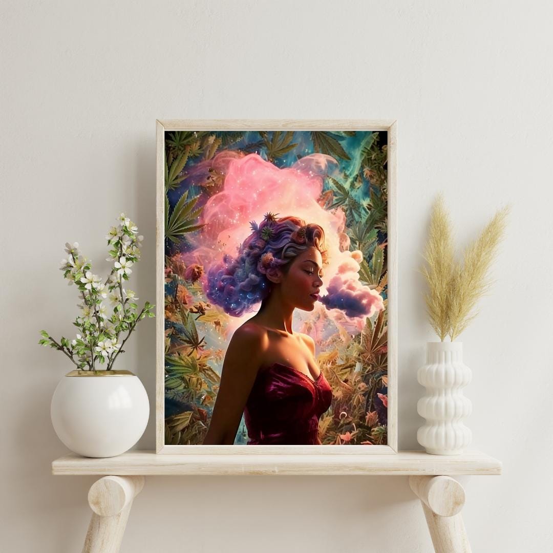 Beautiful woman blowing pink smoke on a cannabis poster