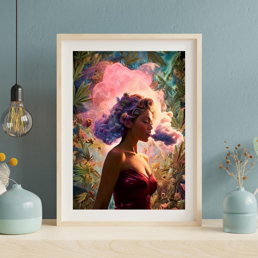 Beautiful woman blowing pink smoke on a cannabis poster