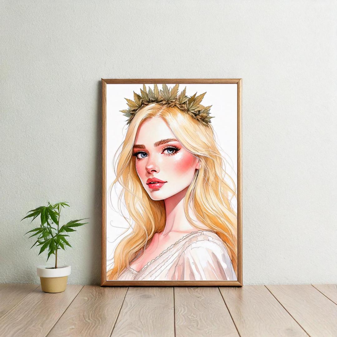 Beautiful blonde woman wearing a cannabis crown