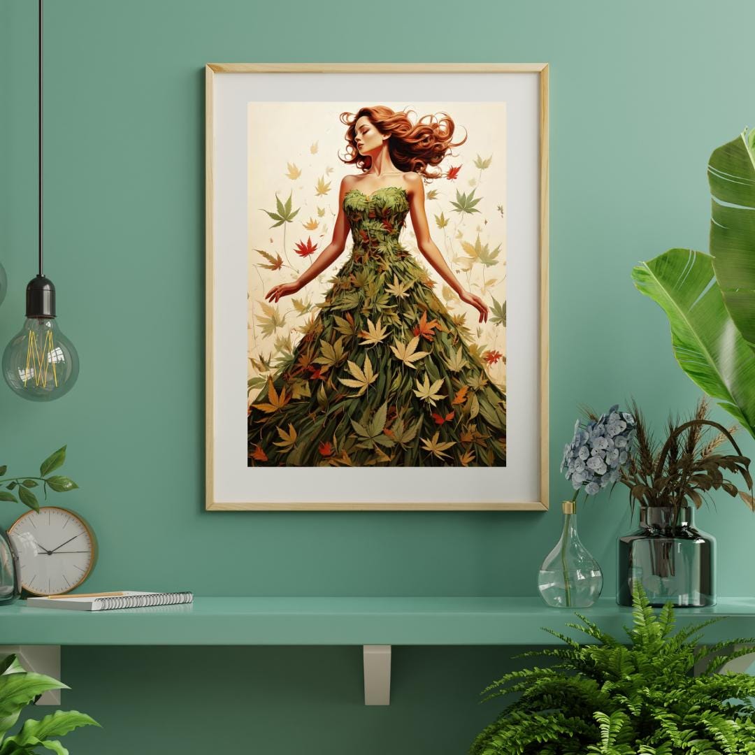 Beautiful woman in a cannabis leaf dress