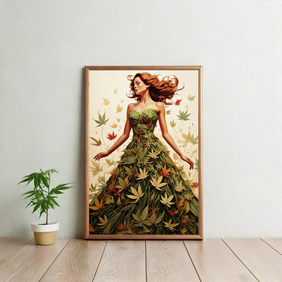 Beautiful woman in a cannabis leaf dress