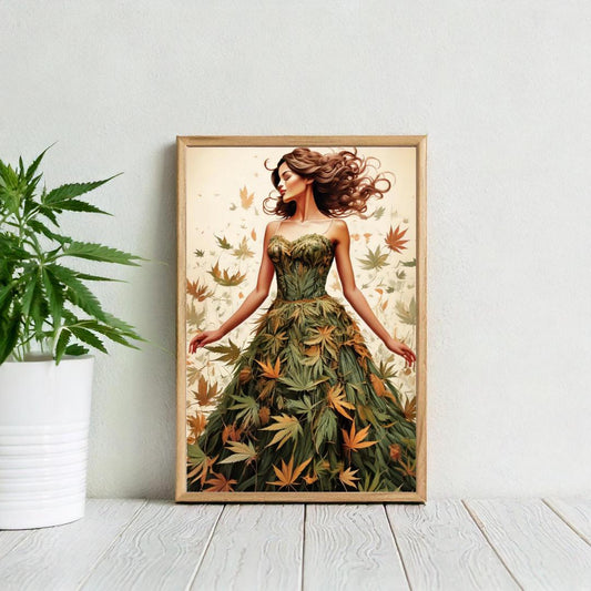 Weed art print with a Beautiful woman in a artful cannabis leaf dress