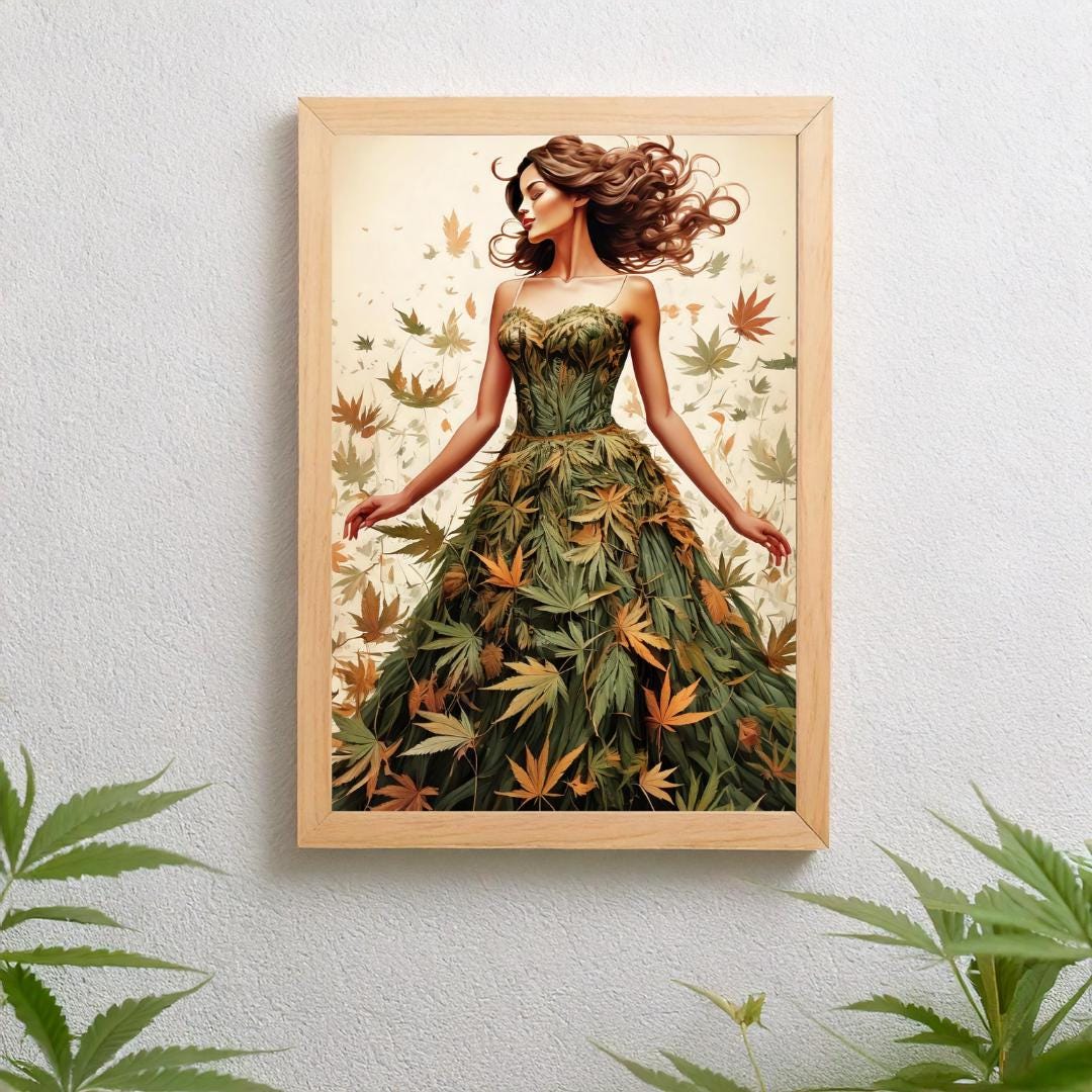 Weed art print with a Beautiful woman in a artful cannabis leaf dress