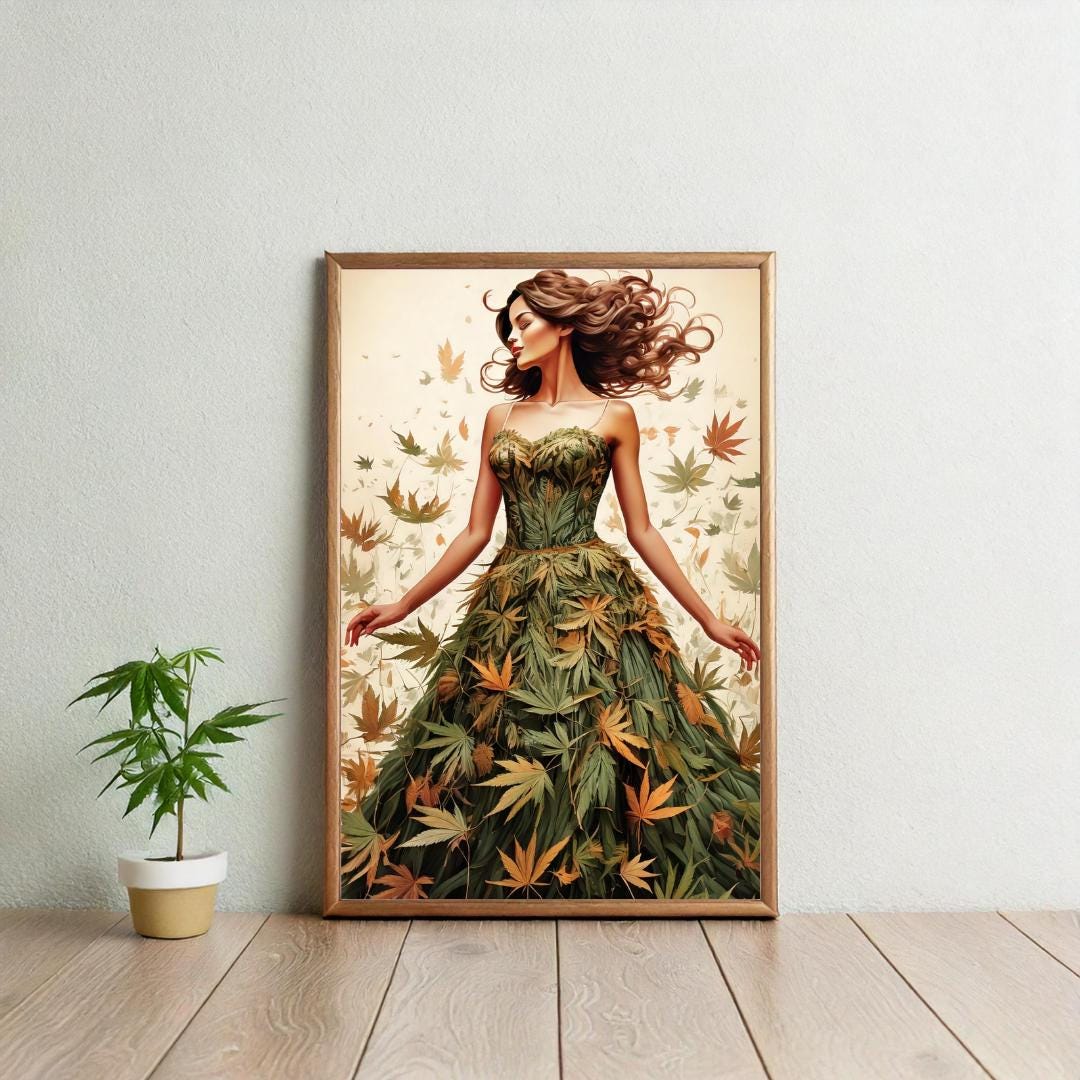 Weed art print with a Beautiful woman in a artful cannabis leaf dress